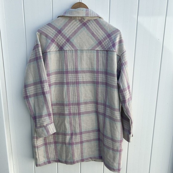 ASOS Design Plaid Pea Coat Jacket Wool Blend Button Front Beige Purple Long 8 - Picture 6 of 9
